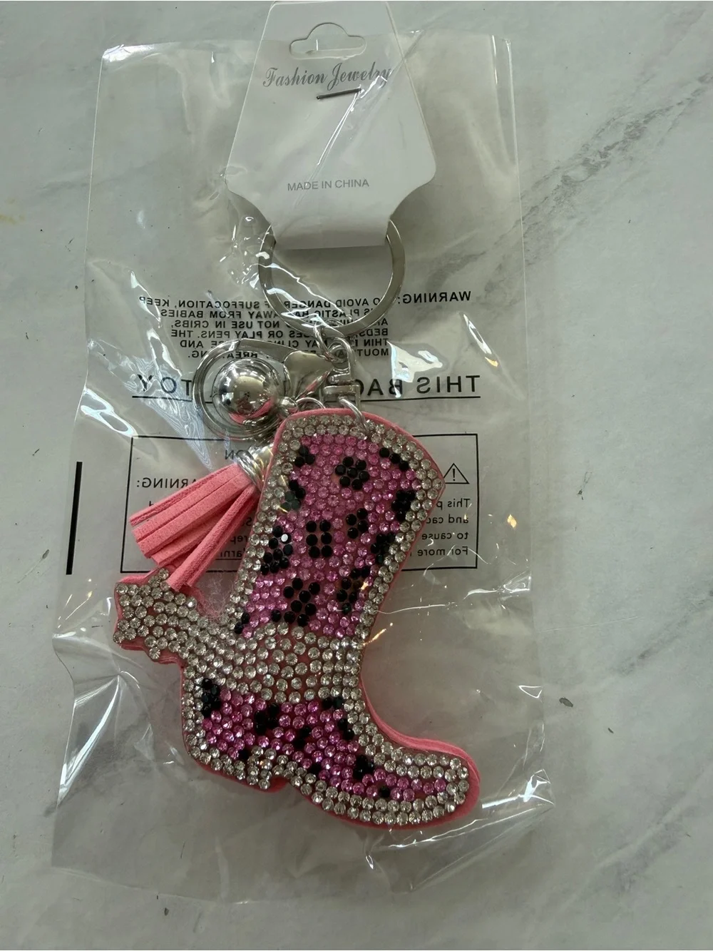 NWT Pink Leopard Rhinestone Cowgirl Boot Keychain & Bag Charm with Tassel